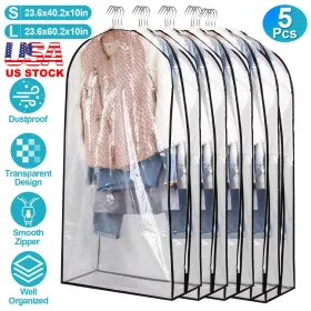 5 Pack Garment Bag For Hanging Clothes Dustproof Waterproof Hanging Clothes Storage Bag Clear Transparent Suits Cover For Sweater Jacket Coat Dre (Option: S)